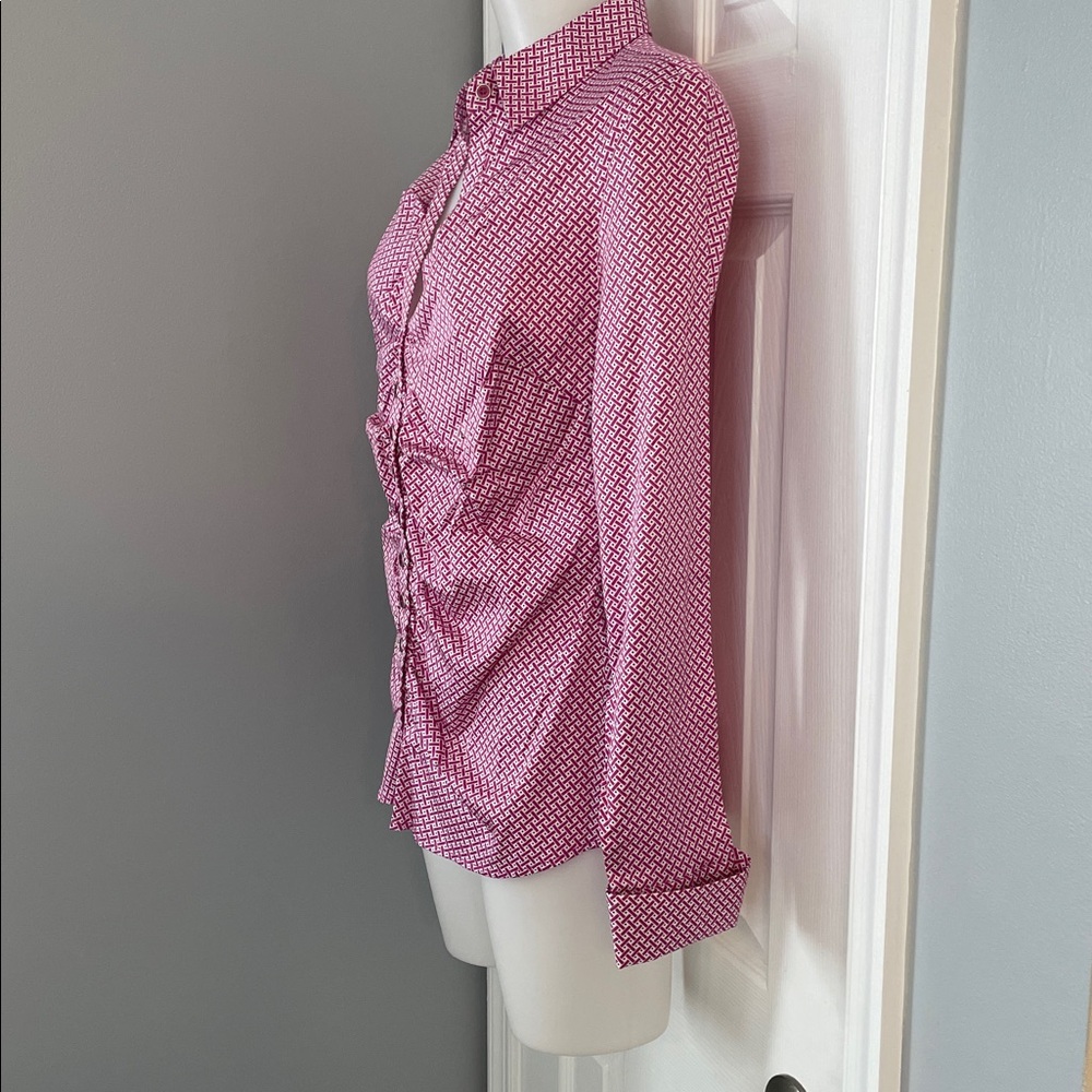 NEW YORK & Co PINK & WHITE LONG SLEEVE BUTTON UP FRONT COLLARD BLOUSE SHIRT SZ L - Picture 3 of 11